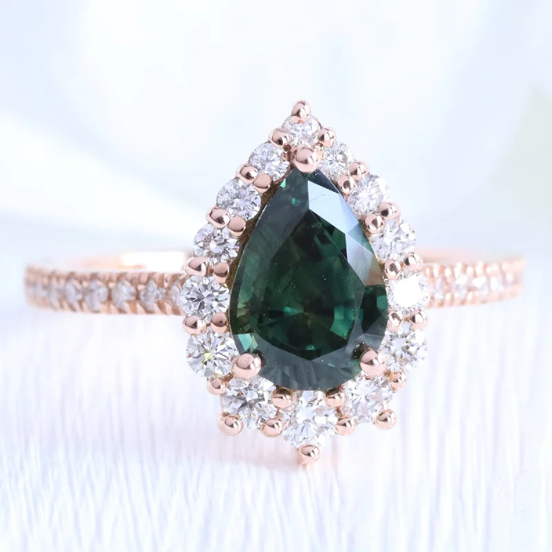 2.41 Ct Pear Teal Green Sapphire Ring in 14k Rose Gold Tiara Halo Diamond, Size 6.75