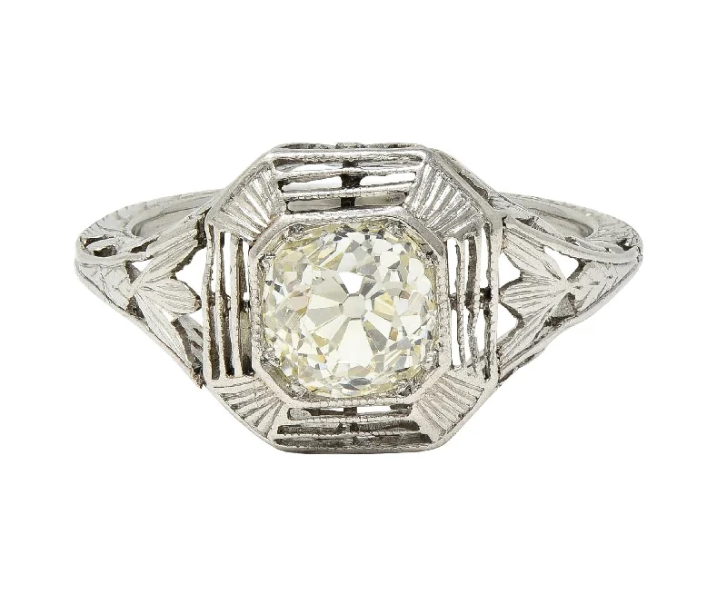 Art Deco 0.87 CTW Old Mine Cut Diamond Platinum Lotus Vintage Engagement Ring