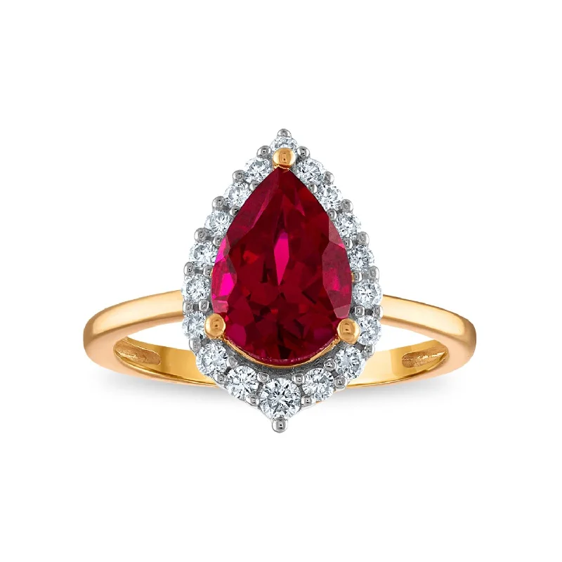 LoveSong EcoLove 10X7MM Pear Ruby and Diamond Halo Ring in 10KT Yellow Gold