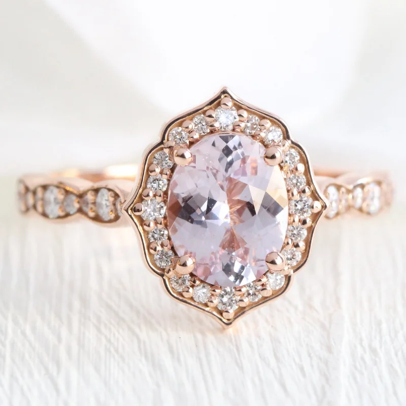 1.62 Ct Pinkish Lavender Sapphire Ring in 14k Rose Gold Vintage Floral Diamond, Size 6.5