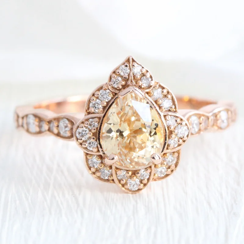 1.7 Ct Peach Yellow Sapphire Ring in 14k Rose Gold Vintage Floral Diamond, Size 6.25