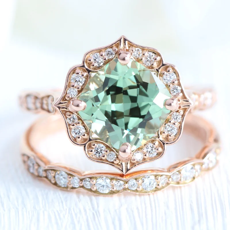 Large Vintage Floral Cushion Ring Set w/ Sea Foam Green Sapphire and Diamond