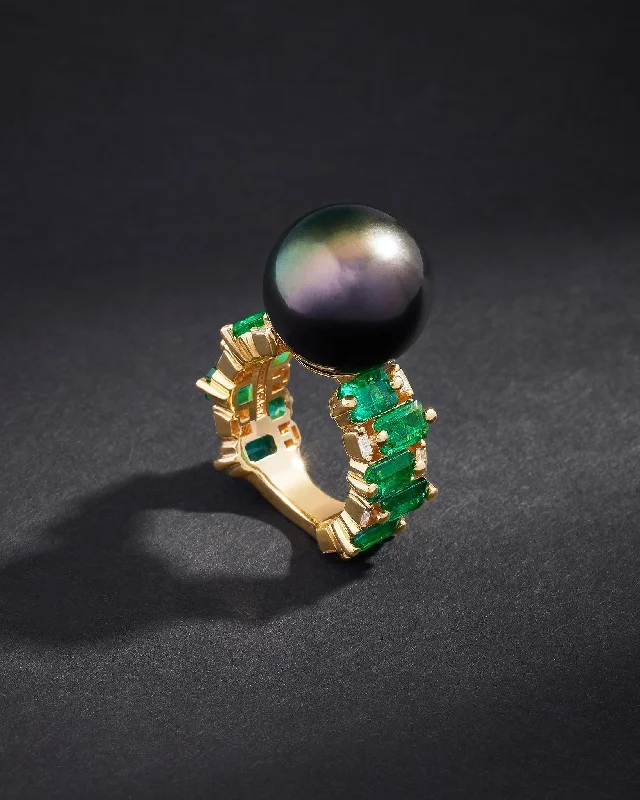 One of a Kind Black South Sea Pearl Ring with Emerald-Cut Emeralds