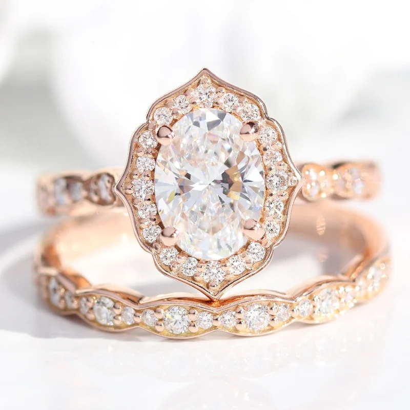 Oval Diamond Vintage Floral Ring Set w/ Lab Diamond and Matching Wedding Band