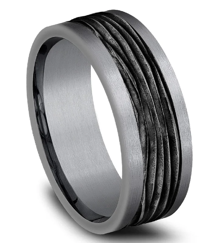 Benchmark 8mm Black Titanium Bark Design Center with Tantalum Edges