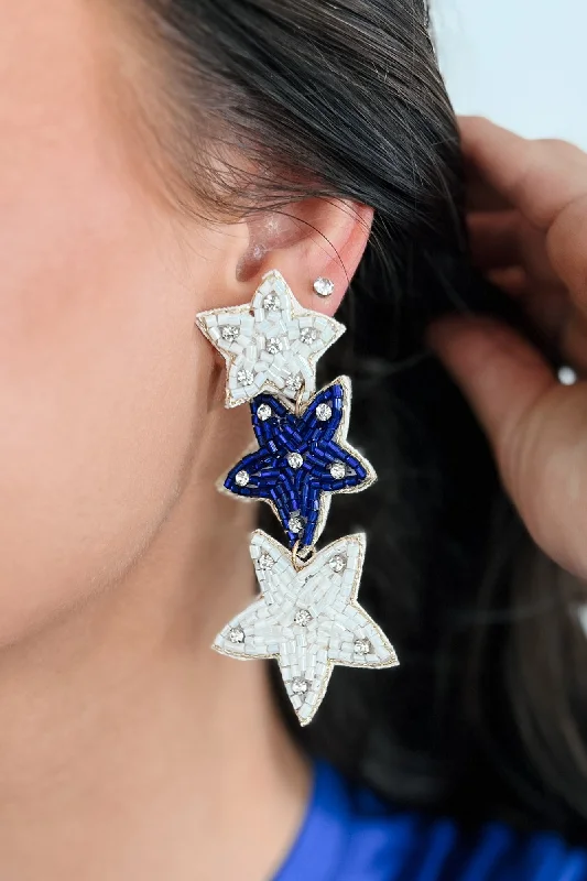 Star Athlete Beaded Star Earrings (White/Blue)