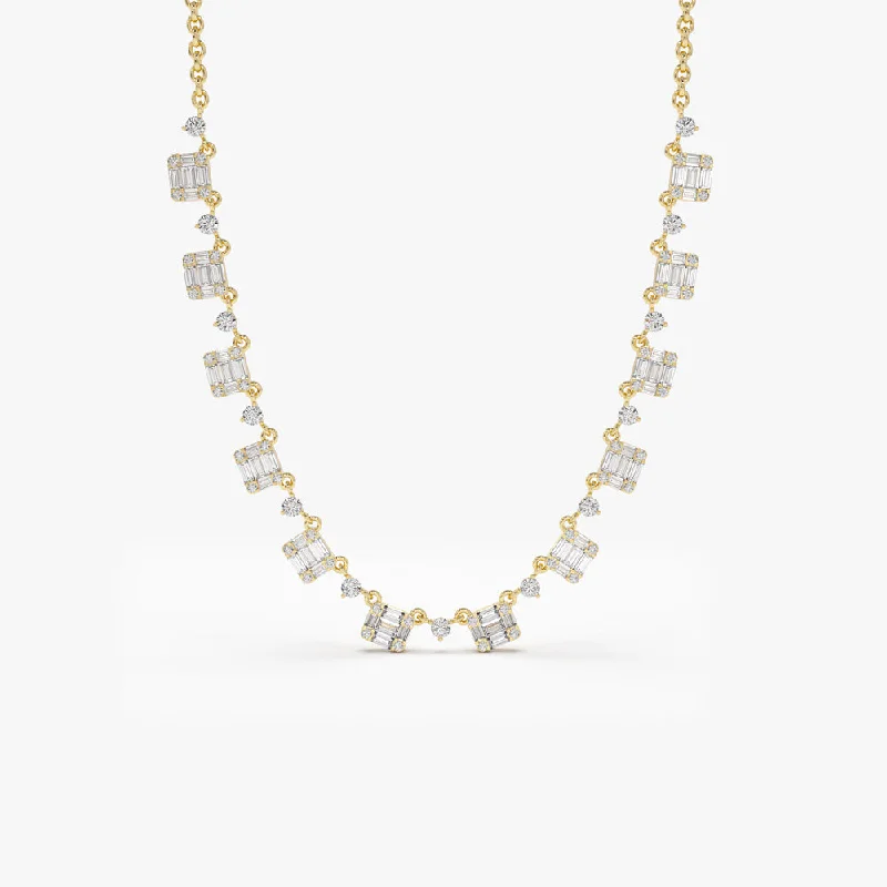 Unmissable Jewelry Discounts – Elevate Your Look For Less 14k Solid Gold Illusion Setting Baguette Diamond Statement Necklace