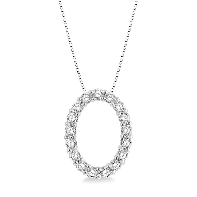 14K White Gold Oval Diamond Pendant Necklace