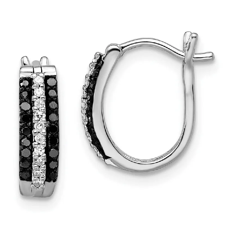 Black & White Diamond Oval Hoop Earrings in Sterling Silver, 4 x 13mm