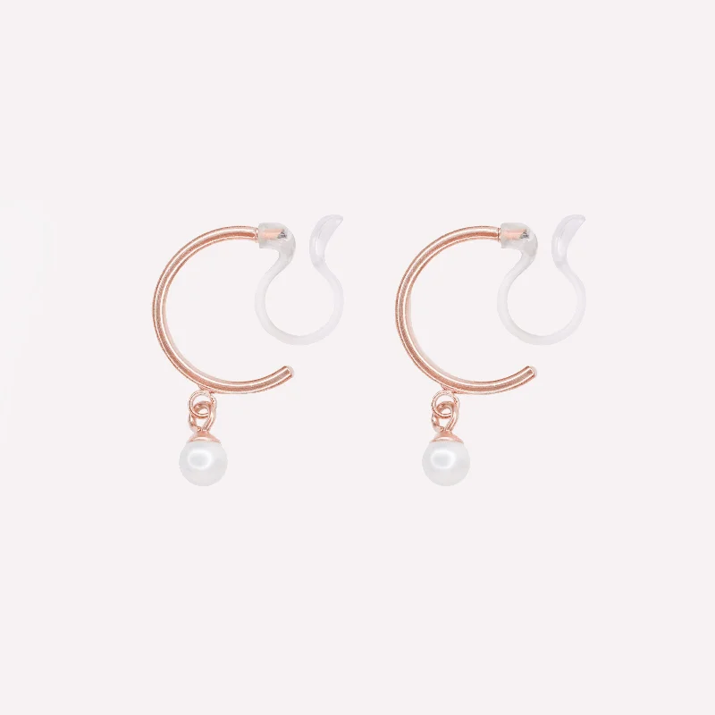 PEARL DANGLE HUGGIE HOOP CLIP-ON EARRINGS IN ROSE GOLD