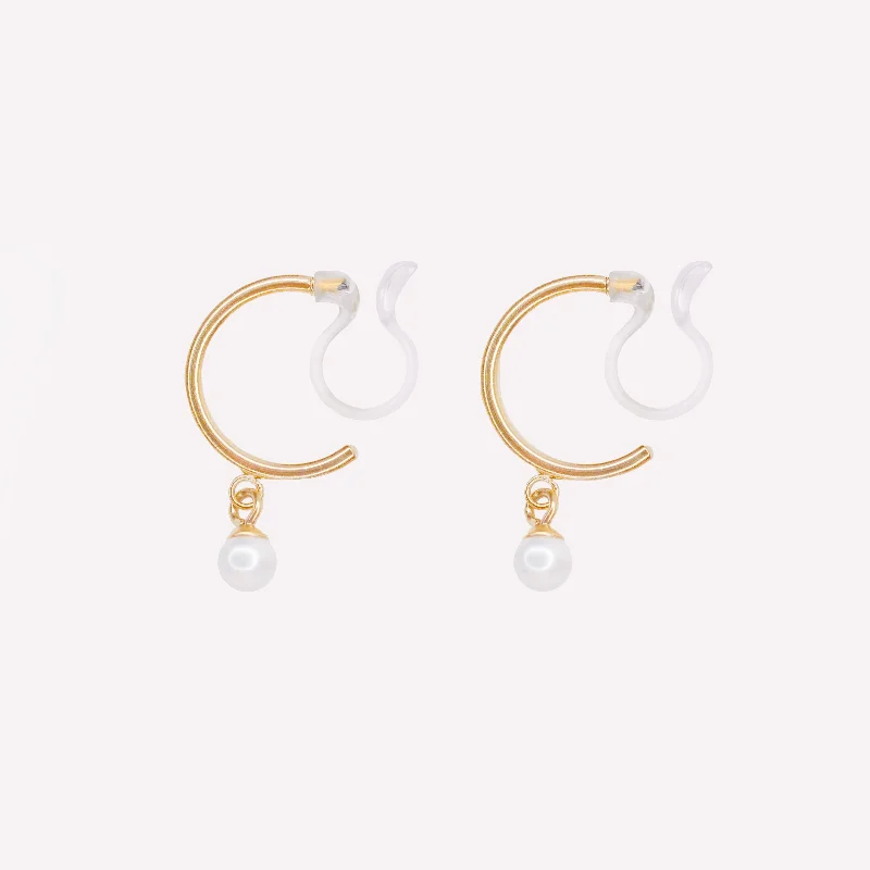 PEARL DANGLE HUGGIE HOOP CLIP-ON EARRINGS IN GOLD