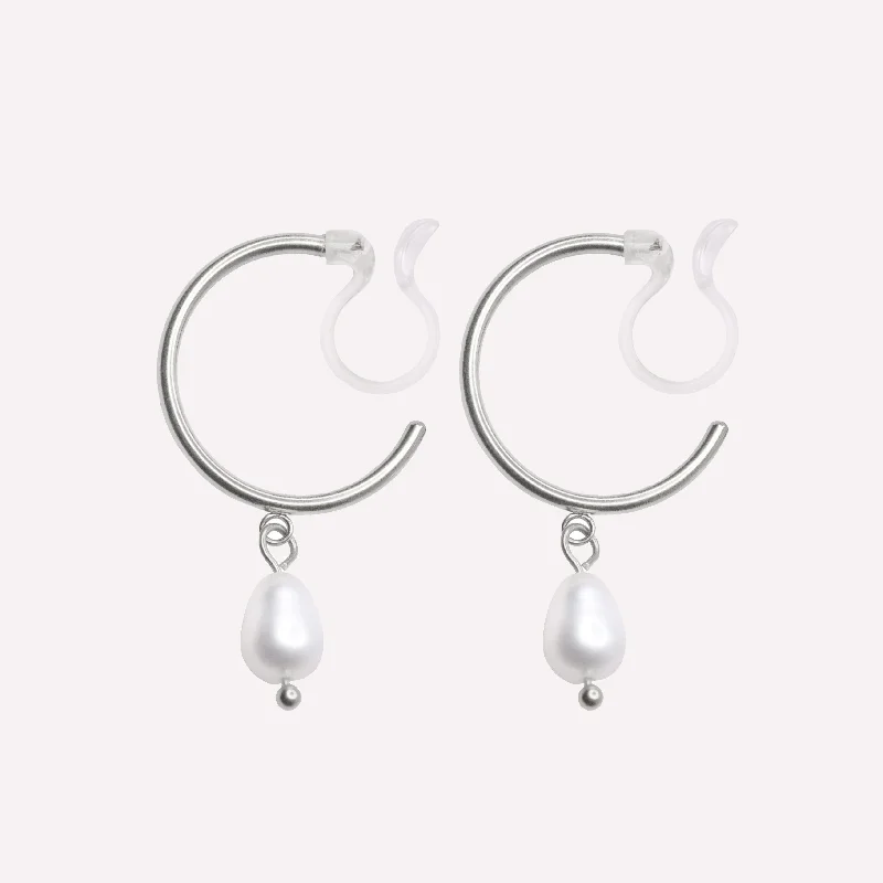 PEARL DANGLE SMALL HOOP CLIP-ON EARRINGS IN SILVER