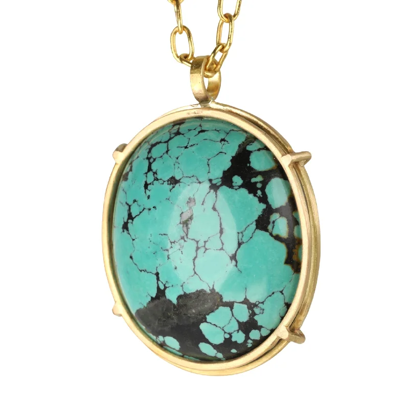 18K Gold "Cage-Set" Oval Turquoise Pendant