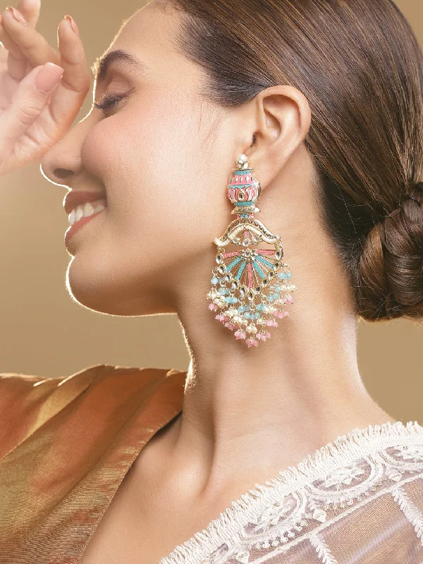 Rubans 22K Gold-Plated Multicolor Enamel with Mint Green and Pastel Pink Beaded Chandelier Earrings