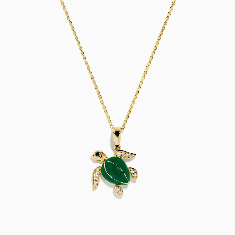 Seaside 14K Yellow Gold White and Black Diamond Enamel Turtle Pendant