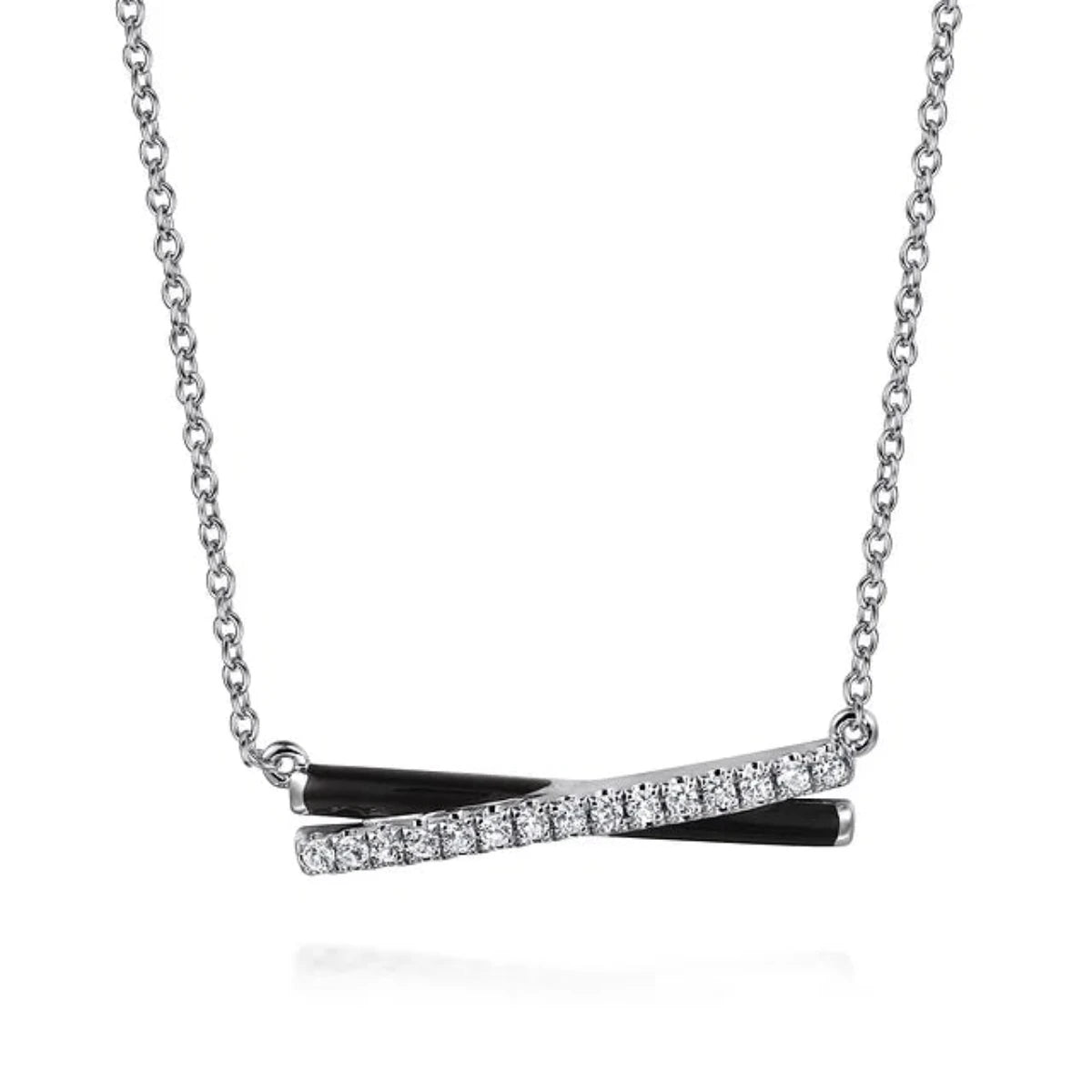 SS 0.18ctw White Sapphire and Black Enamel Criss Cross Bar Necklace