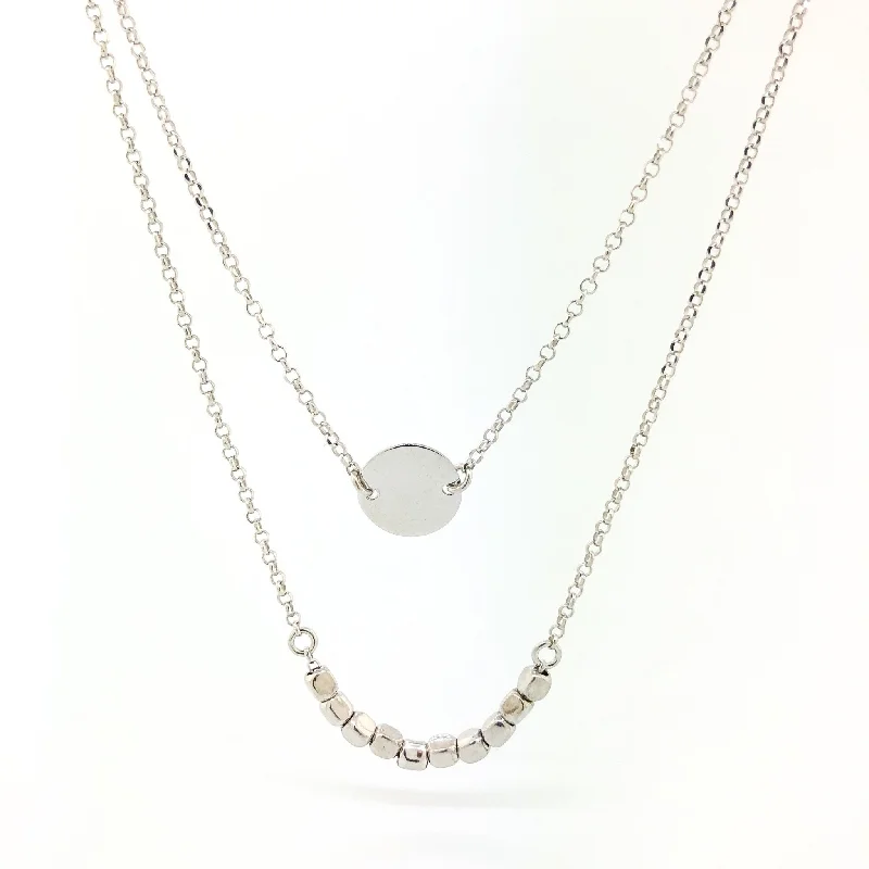 Sterling Silver Double Strand Square Bead & Disc Necklace