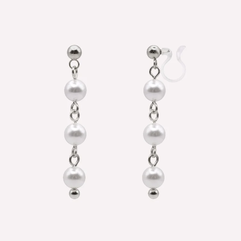 TRIPLE PEARL DANGLE CLIP-ON EARRINGS IN SILVER