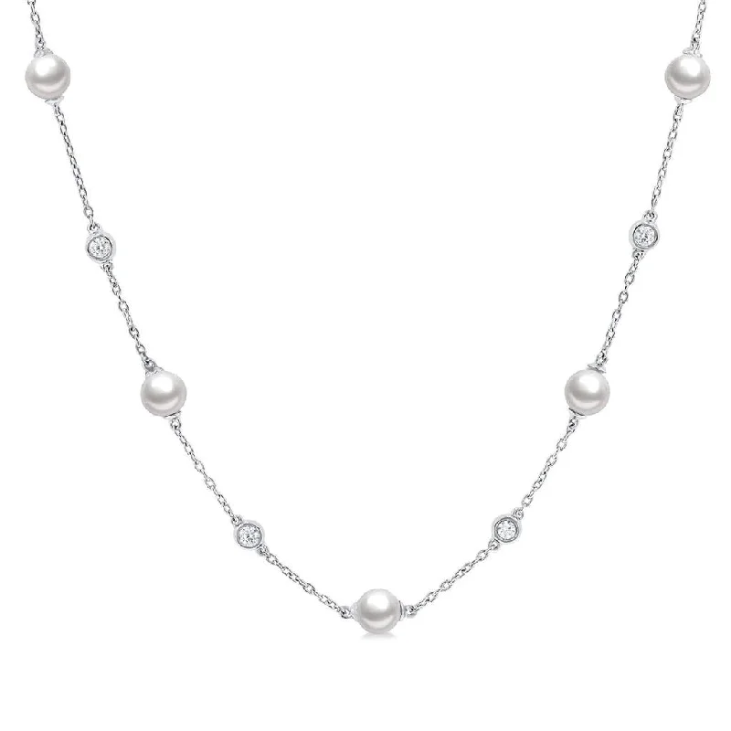 14K White Gold Pearl And Diamond Station Necklace