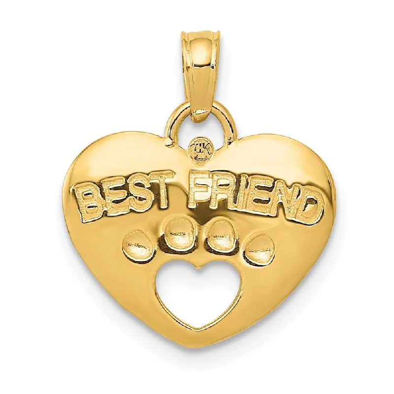 14k Yellow Gold Best Friend Paw Print and Heart Pendant