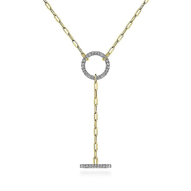 14K Yellow Gold Diamond Circle And Bar Y-Knot Necklace With Paperclip Chain