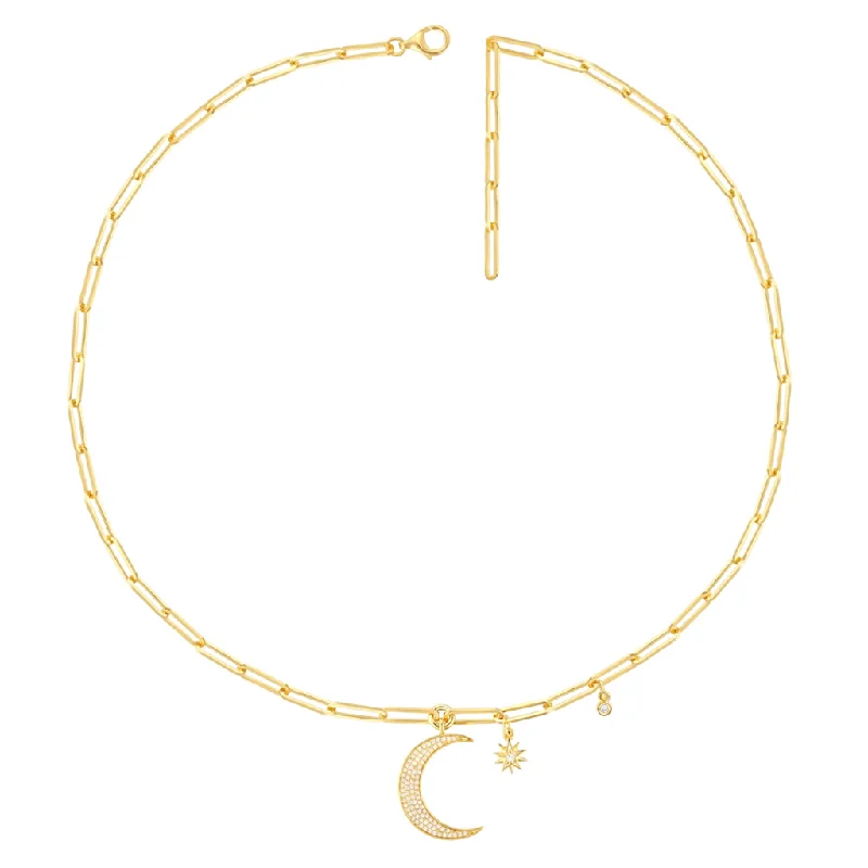 14K Yellow Gold Diamond Moon and Star Paperclip Chain Necklace