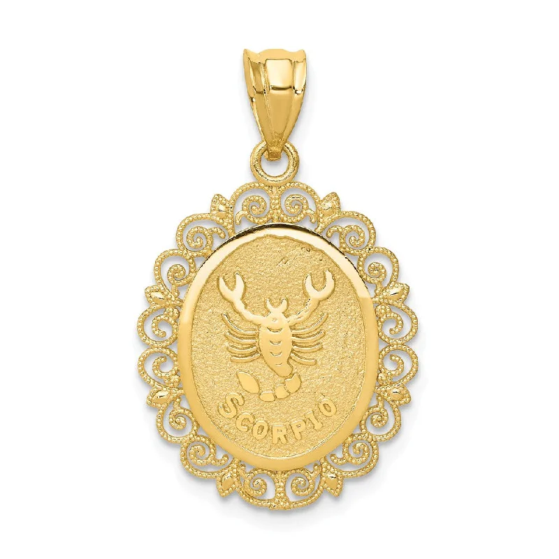 14k Yellow Gold Filigree Oval Scorpio the Scorpion Pendant, 20mm