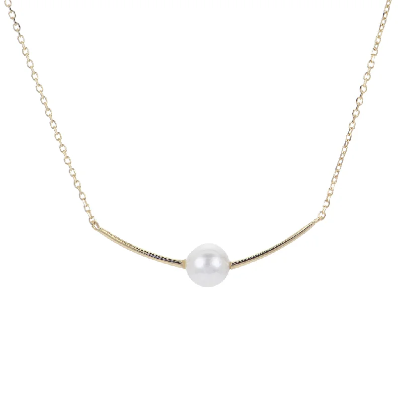 14K Yellow Gold Freshwater Pearl Curve Bar Necklace