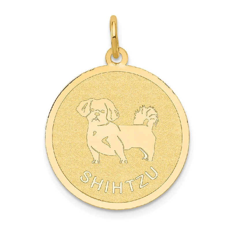 14k Yellow Gold Laser Etched Shih Tzu Disc Pendant, 19mm