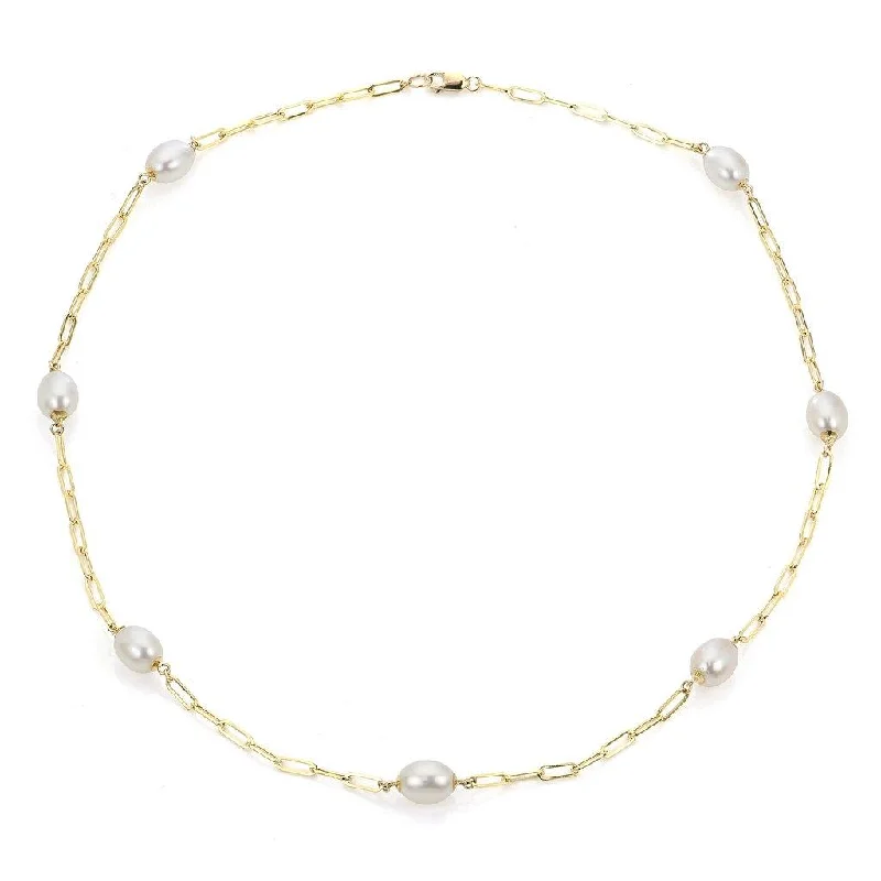 14K Yellow Gold Paperclip Pearl Station Necklace