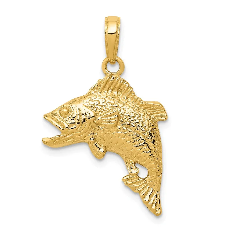 14k Yellow Gold Textured Jumping Bass Fish Pendant