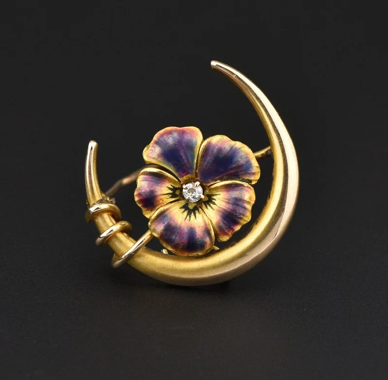 Art Nouveau 14K Gold Diamond Enamel Pansy Crescent Moon Brooch