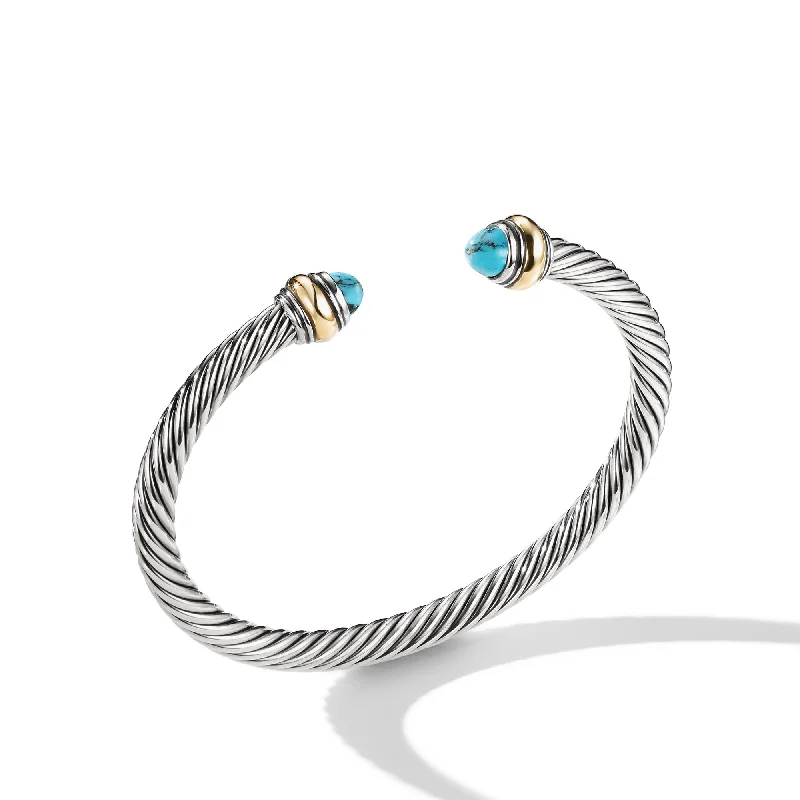 Stunning Statement Jewelry, Unbeatable Discounts Classic Cable Bracelet in Sterling Silver with 14K Yellow Gold and Turquoise\, 5mm