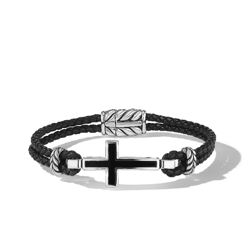 Timeless Elegance, Temporary Discounts – Act Fast Exotic Stone Cross Bracelet in Black Leather with Sterling Silver and Black Onyx\, 3mm