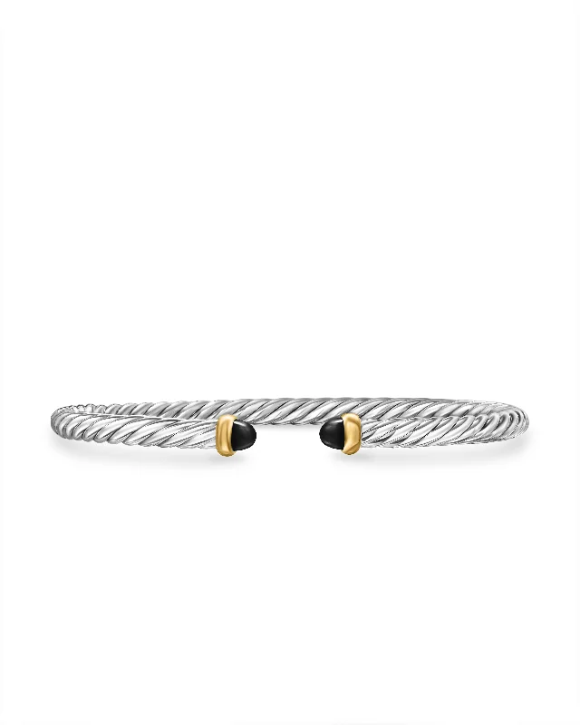 Stunning Statement Jewelry, Unbeatable Discounts Modern Cable Bracelet in Sterling Silver with 14K Yellow Gold and Black Onyx\, 4mm