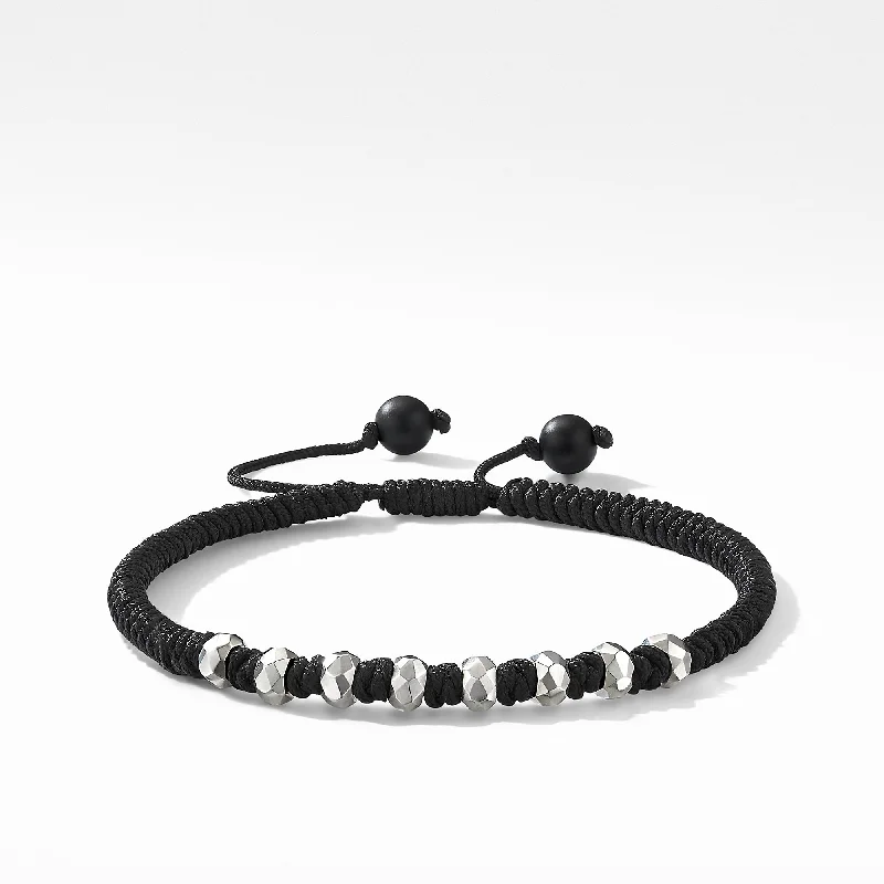 Customized Silver Jewelry For Unique Style Fortune Woven Bracelet in Black Nylon with Black Onyx and Sterling Silver\, 5.5mm