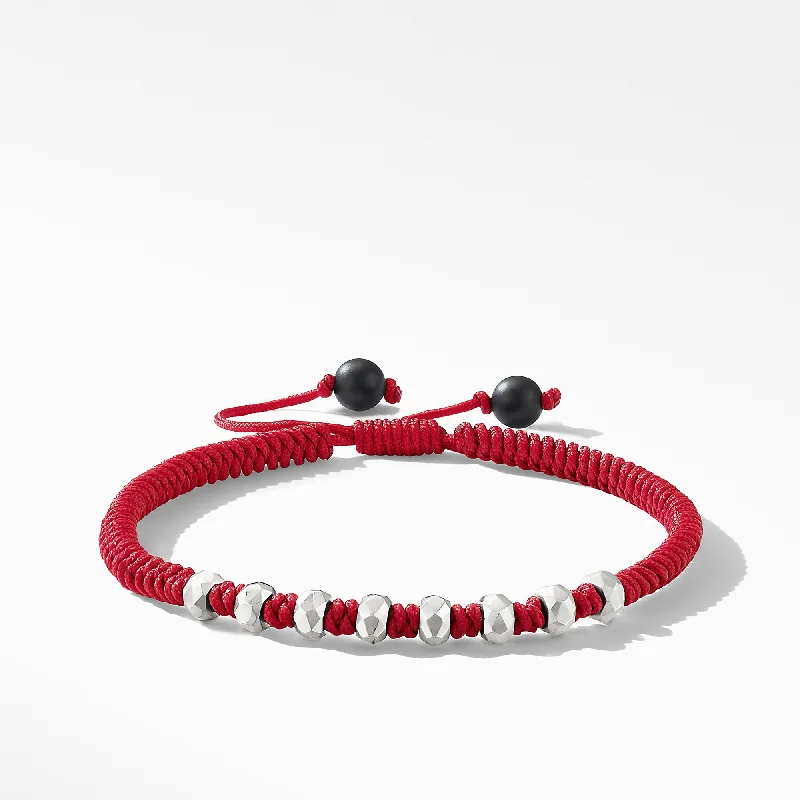 Bohemian-Inspired Jewelry For Free-Spirited Fashion Fortune Woven Bracelet in Red Nylon with Black Onyx and Sterling Silver\, 5.5mm