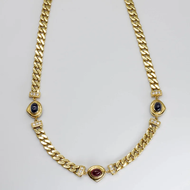 Sapphire, Ruby Cabochon and Diamond Curb Chain Necklace | 2.9ctw, 1.5ctw 0.5ctw | 17" |