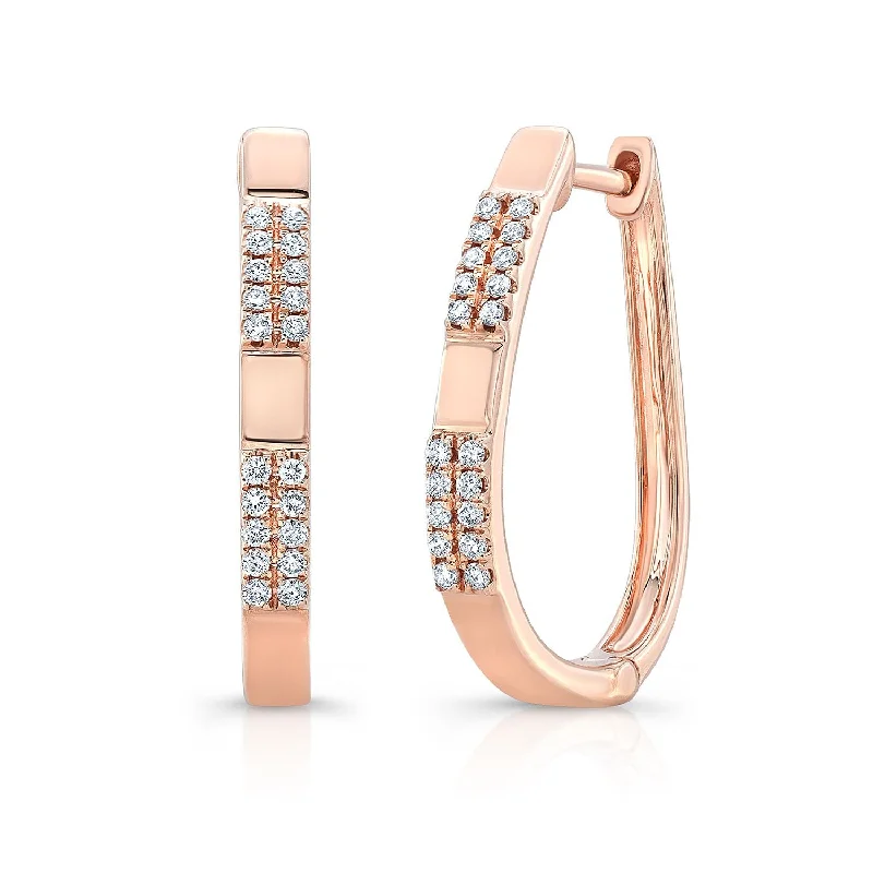 Diamond Pave Linear Oval Hoop Earrings With High Polish Accent In 14k Rose Gold