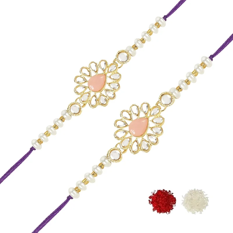 Grab Exquisite Jewelry At The Lowest Prices Etnico I Jewels Pearl & Kundan Designer Bhaiya Rakhi With Roli Chawal for Brother/Bro/Men with Rakshabandhan Card (R118Pe-2) (Pack of 2)