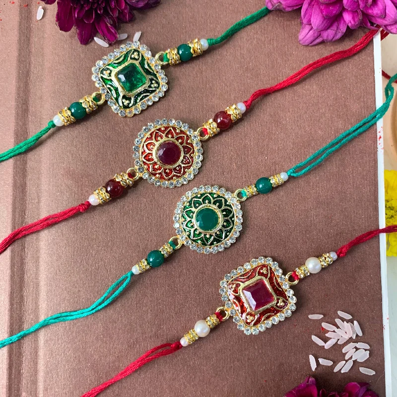 Jewelry Sale Bonanza – Grab Your Sparkle Now Etnico I Jewels Pearl & Kundan Designer Meenakari Bhaiya Rakhi With Roli Chawal for Brother/Bro/Men with Rakshabandhan Card (R098-100-4) (Pack of 4)