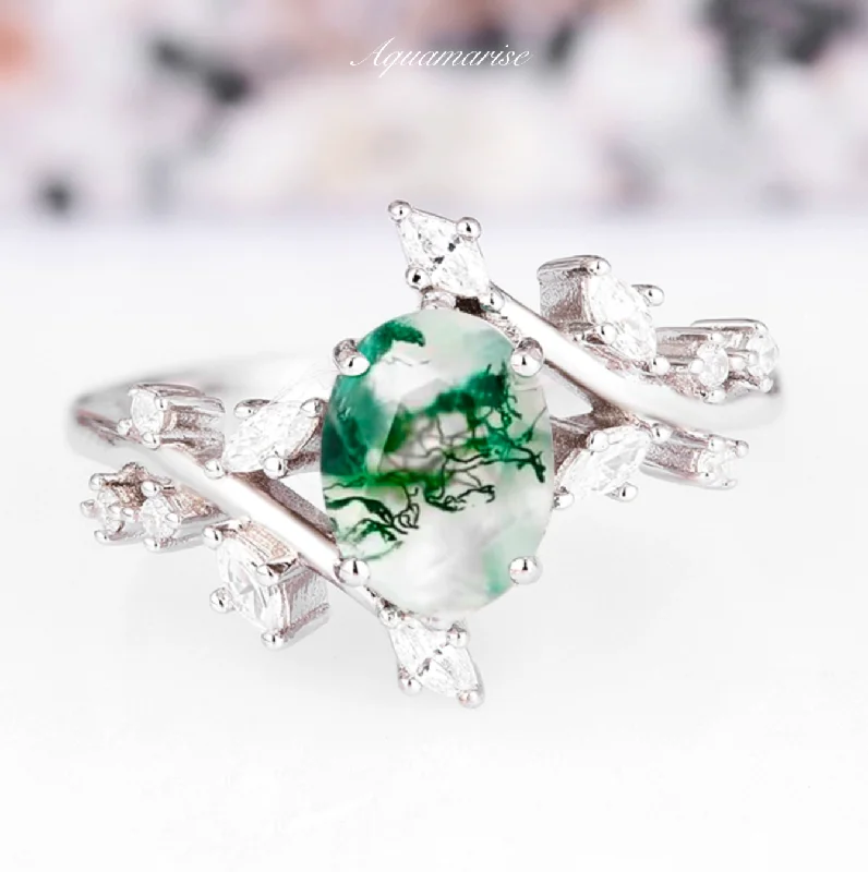 Green Moss Agate Leaf Ring- Sterling Silver