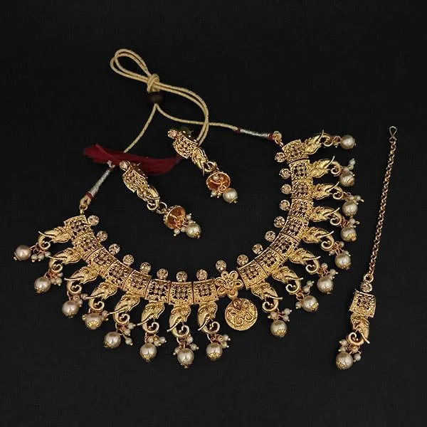 Fashion-Forward Jewelry At Incredible Prices Kriaa Gold Plated Brown Austrian Stone Necklace Set With Maang Tikka -1107990A