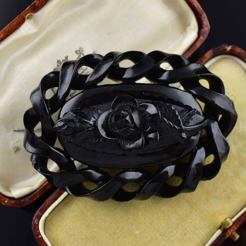 Large Victorian Carved Whitby Jet Rose Mourning Brooch