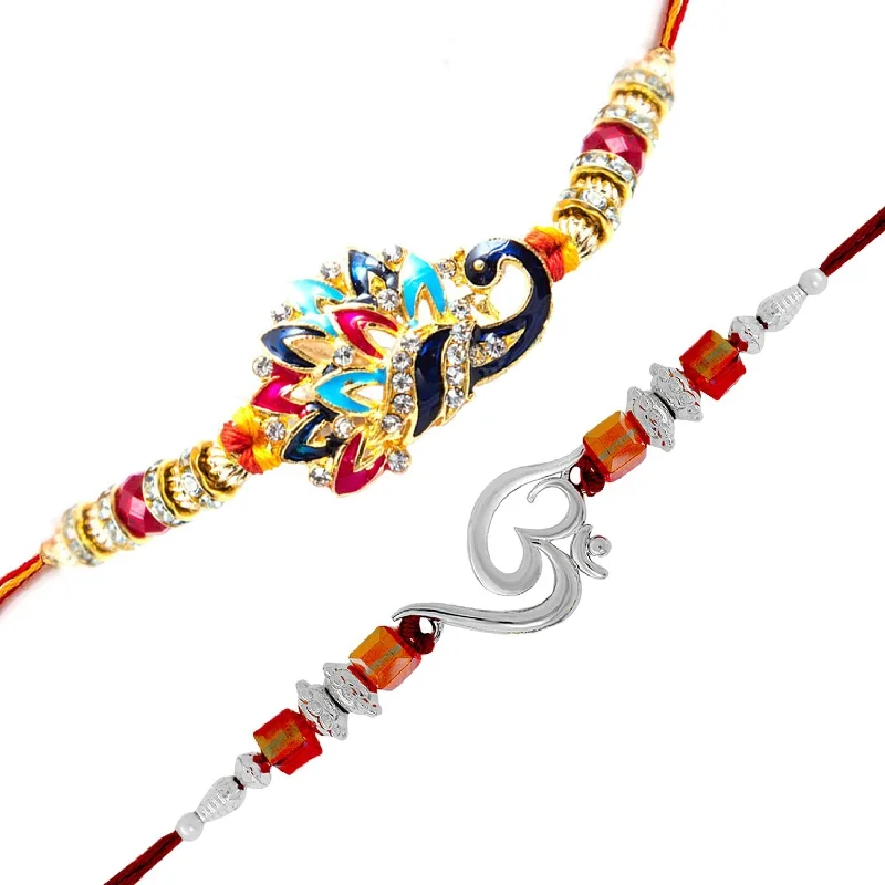 Shop Fine Jewelry With Amazing Deals Mahi Combo of Om and Peacock 'Bhaiya bhabhi' Rakhis with Crystals RCO1105129M