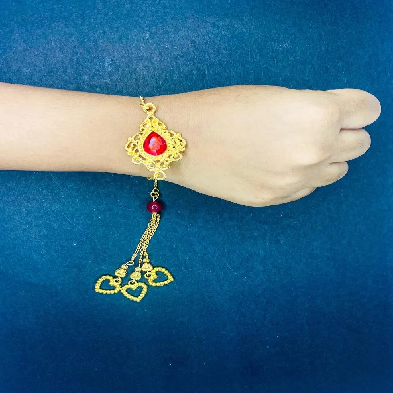 Flash Sale On Elegant Jewelry – Don't Miss Out Mahi Gold Plated Red Crystals Studded Simple and Classic Lumba Rakhi for Bhabhi (RAL1100803G)