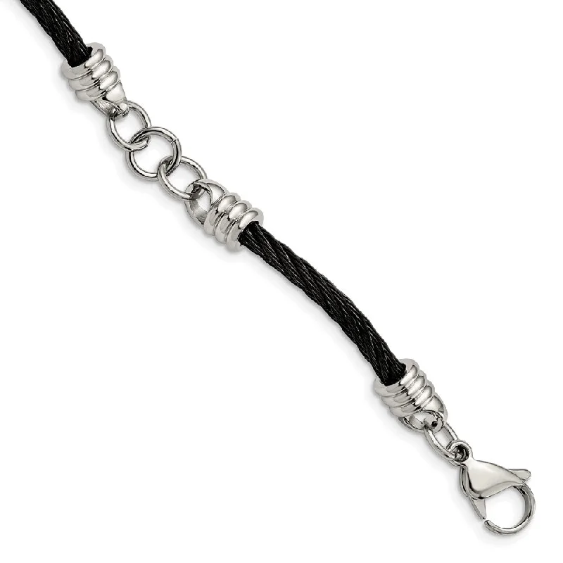 Men's Stainless Steel and Black Plated Cable Wire Bracelet, 9 Inch