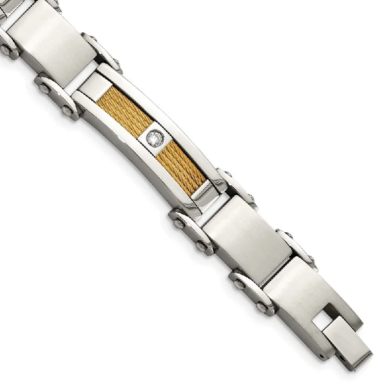 Men's Stainless Steel, Gold Tone Cable and CZ Bracelet, 8.5 Inch