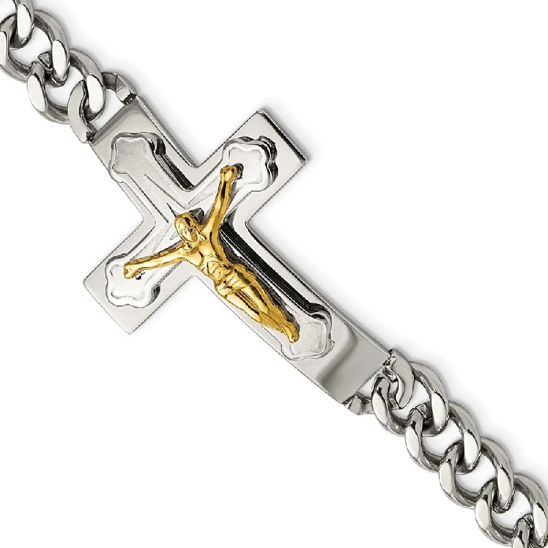 Men's Stainless Steel & Gold Tone Plated Crucifix Curb Bracelet, 8 In