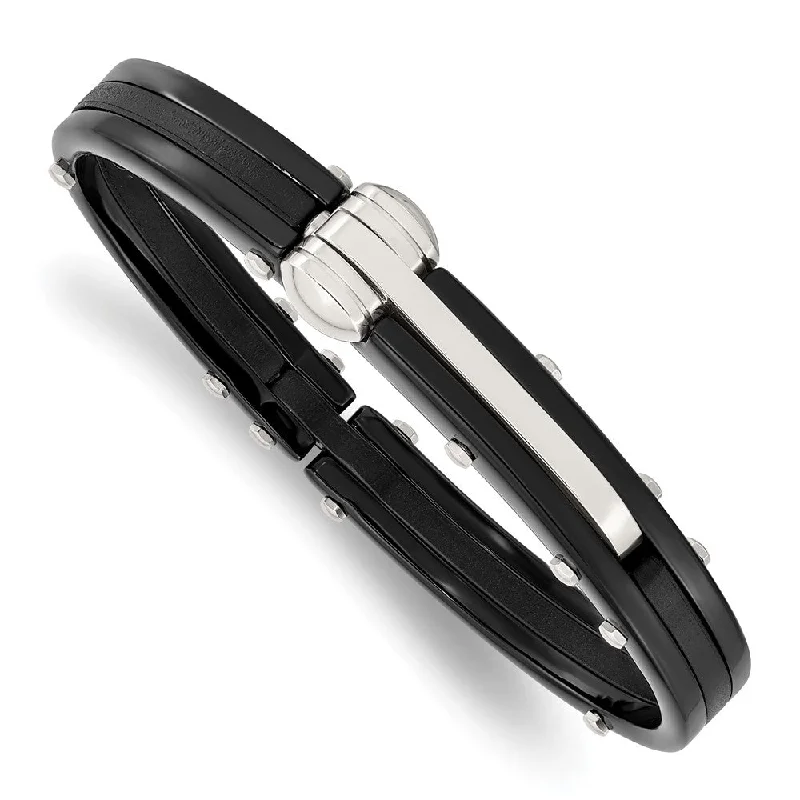 Men's Two Tone Stainless Steel & Black Pvc 10mm Hinged Bangle Bracelet